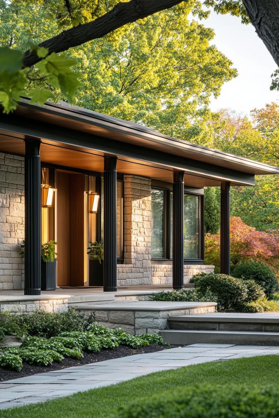 mid century modern and antique style house geometric facade with classic columns porch