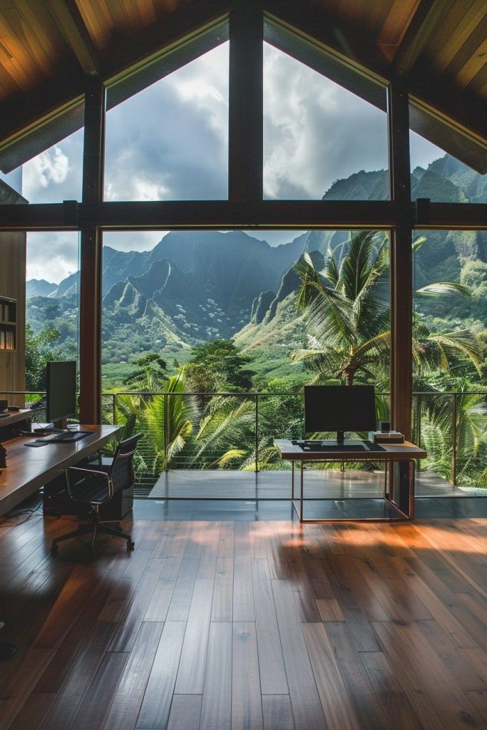 tropical home office with panoramic windows