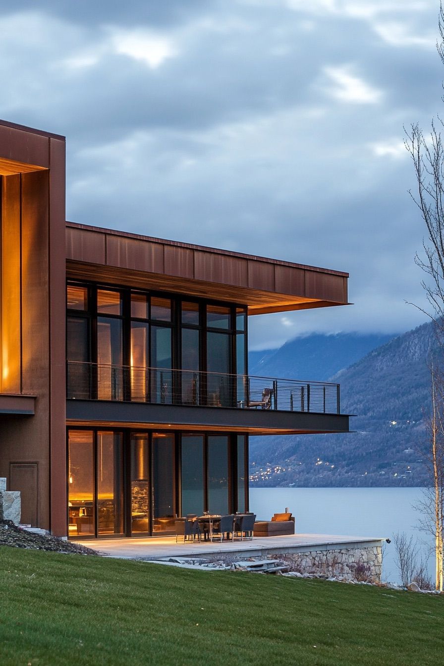 lakeside house steel and wood facade 3