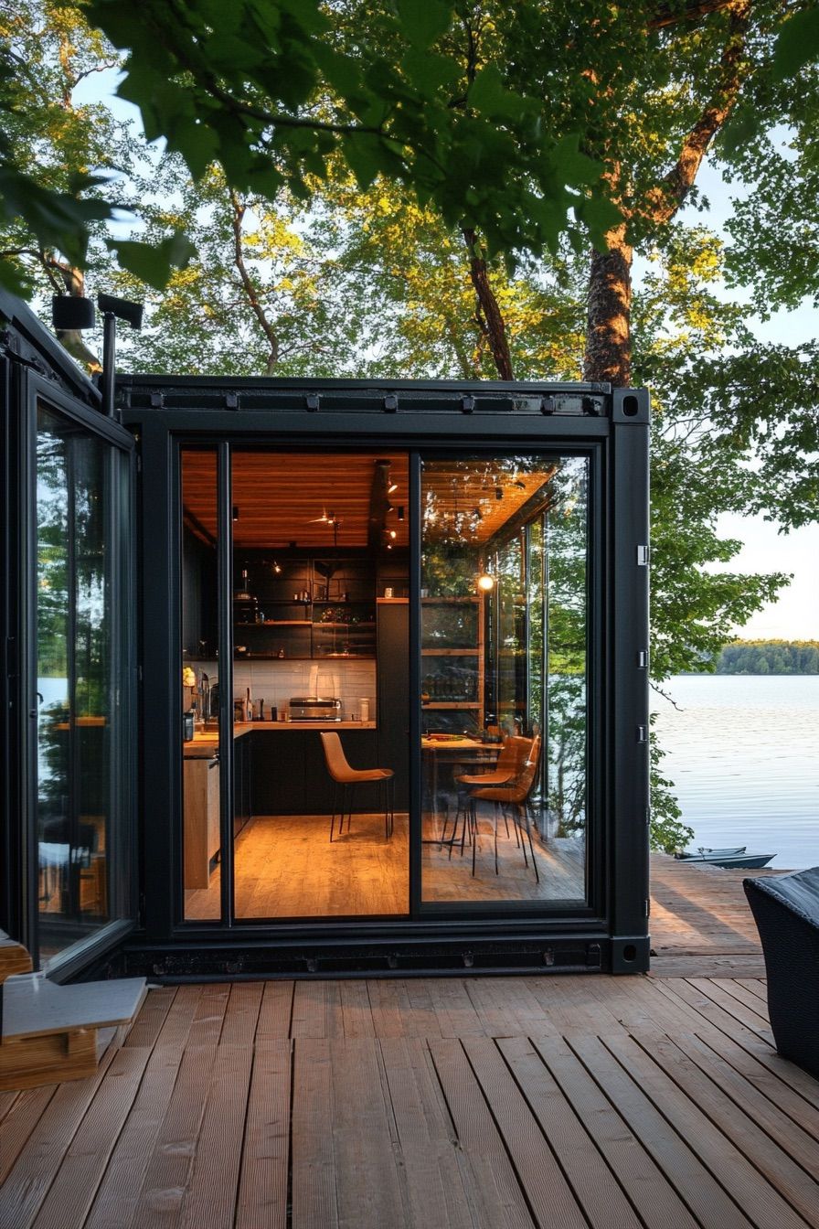 shipping container cabin glas walls lakeside 3