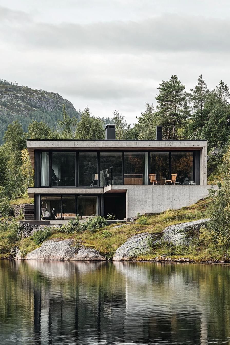 modern steel and concrete house facade on a hill over a lake Scandinavian mountain area 2