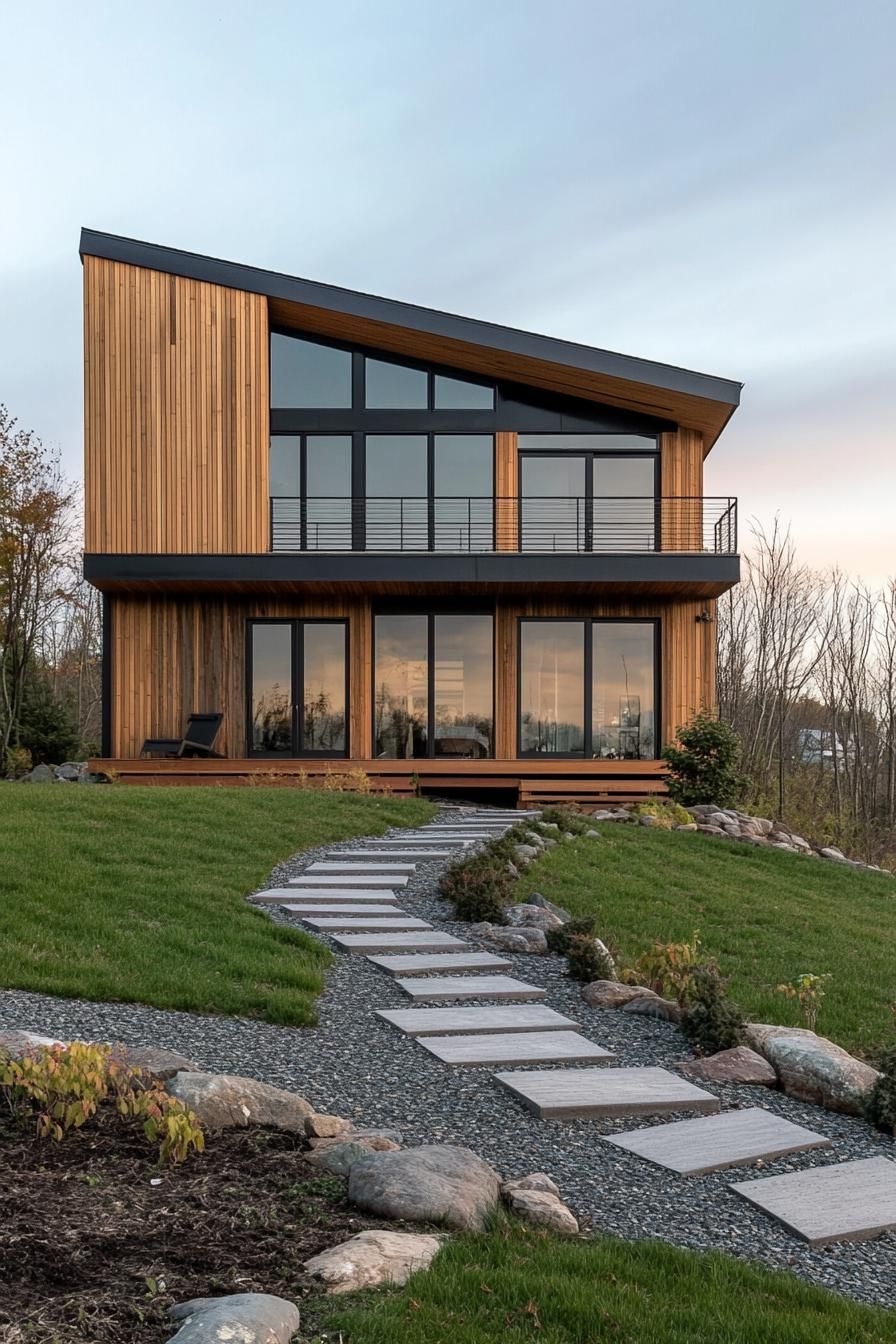 modern house with staggered layout cedar shiplap exterior hilly landscape 3