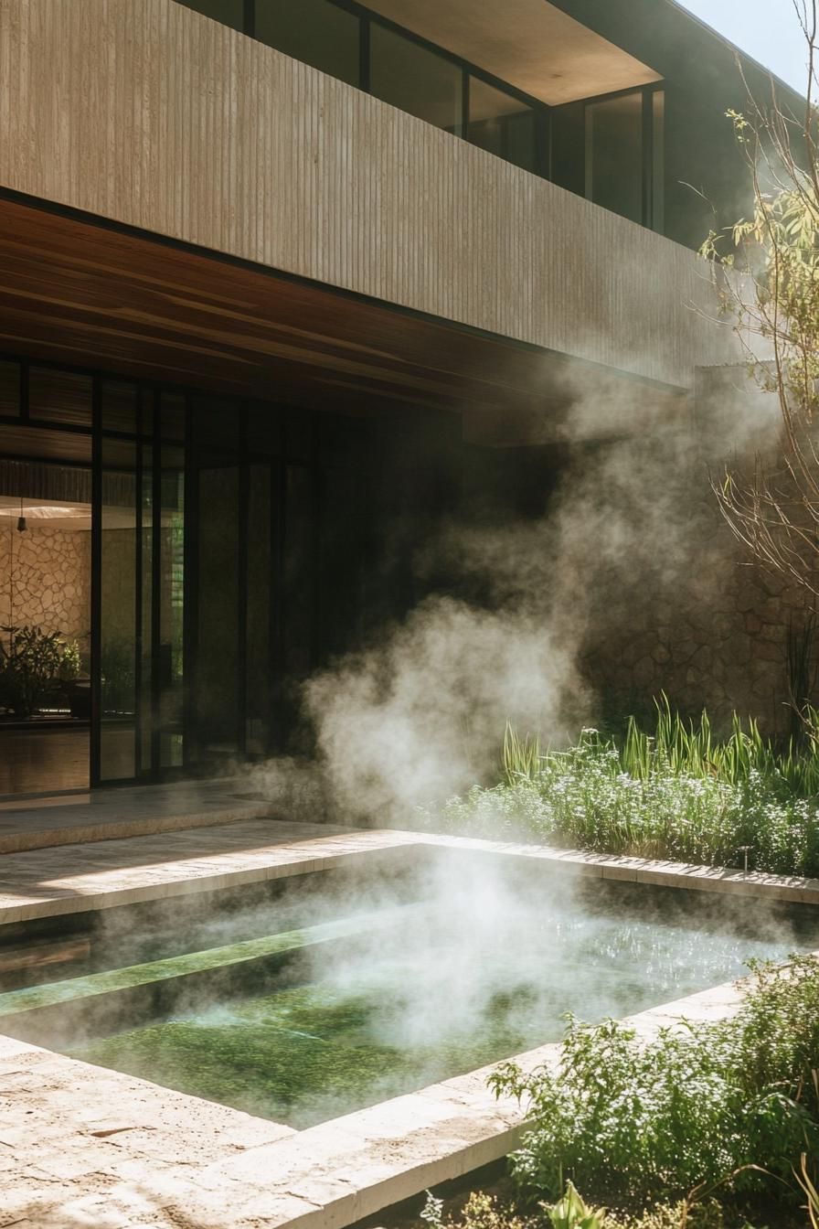 modern house inner courtyard with steaming thermal water pool and garden 2