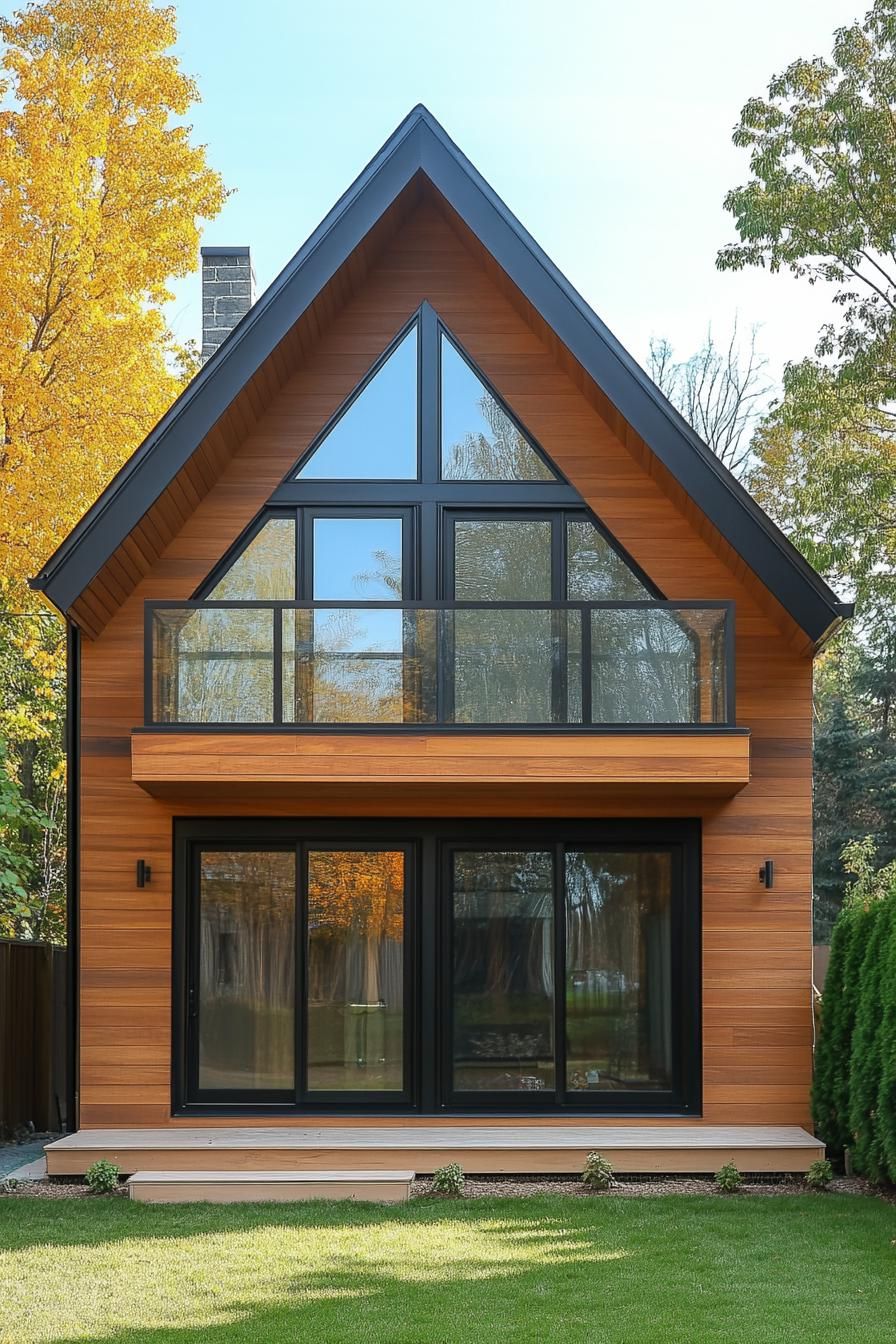 modern prefab small house facade with natural wood siding a frame roof large glass windows new construction site 3