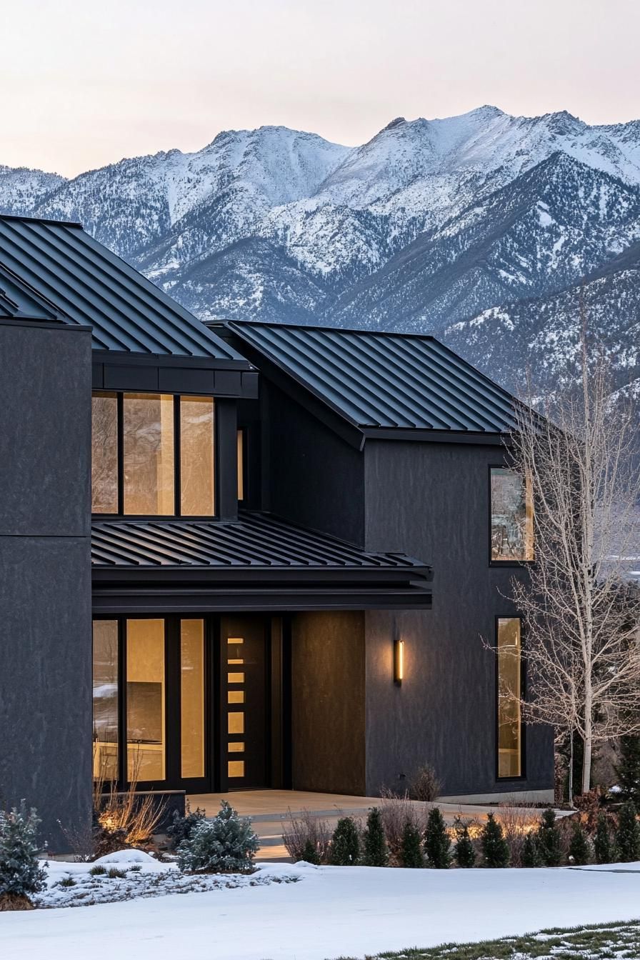modern house charcoal stucco facade with black metal roof winter mountains in the background 3