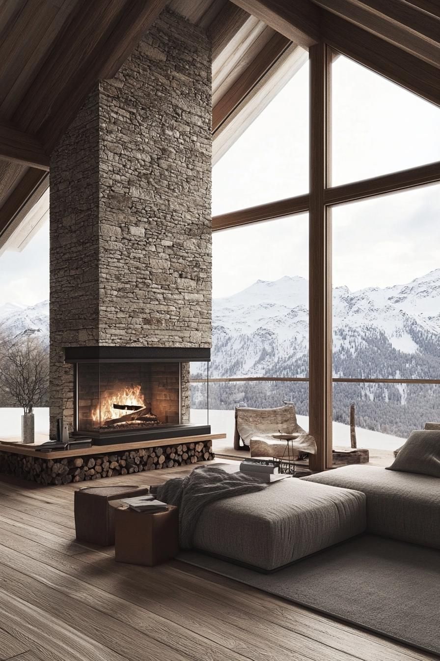 modern chalet double sided stone fireplace with large windows and stunning Alpine mountain views