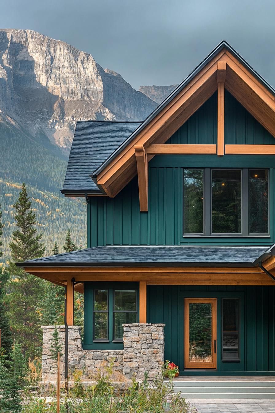 modern mountain bungalow facade hunter green with wooden siding and stone accents imposing mountain in the background 2