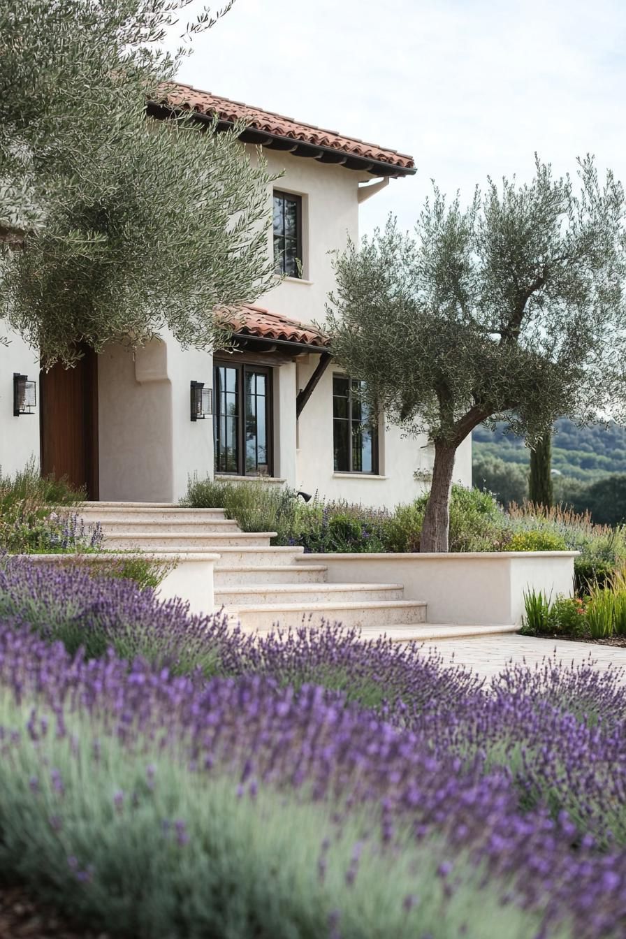 modern mediterranean revival architecture home front garden with olive trees and lavenders 3