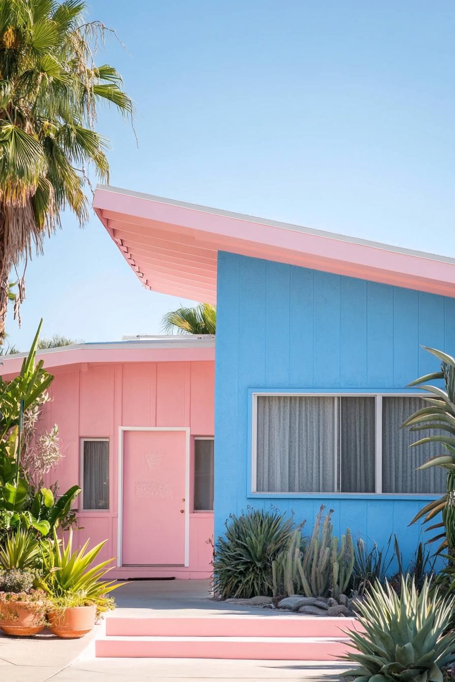 mid century modern house facade in electric blue and pastel pink colors