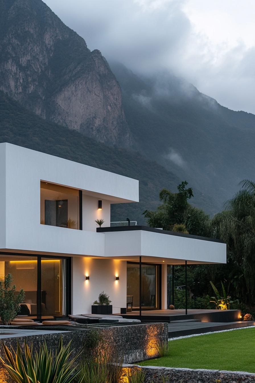 modern industrial style house white facade and black light fixtures imposing misty mountain in the background 2