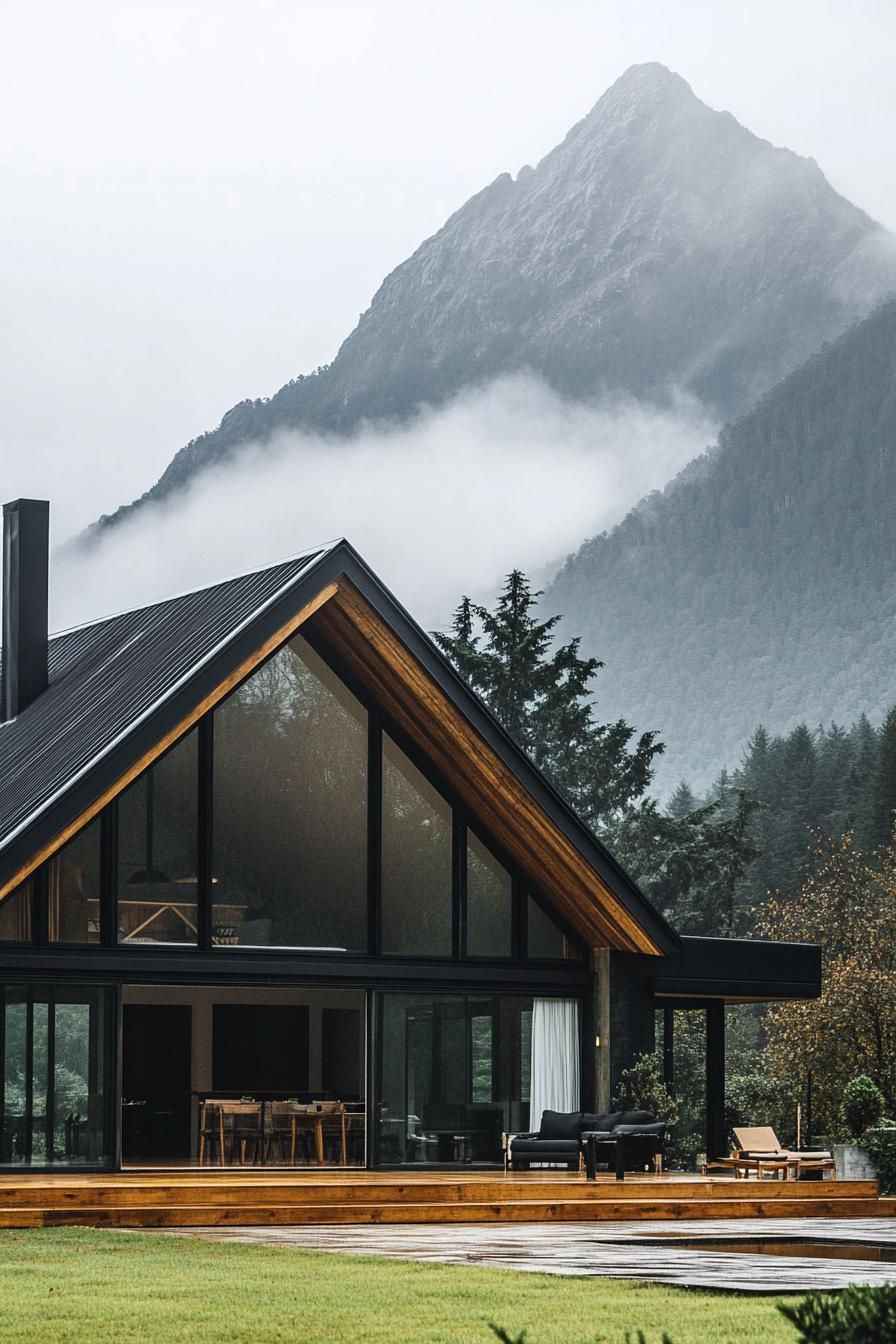 modern barn style house facade with floor to ceiling windows imposing mountain in the background misty weather