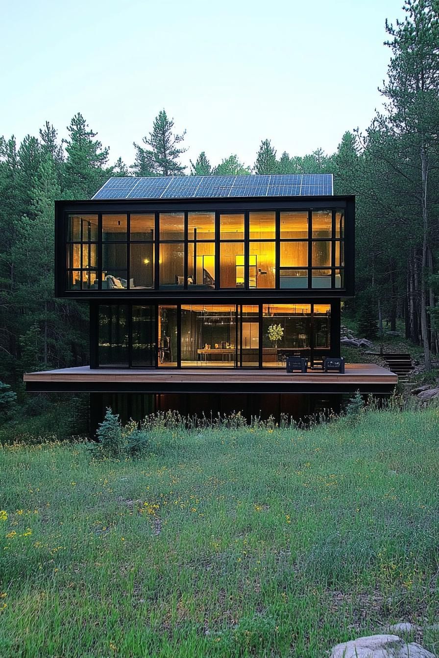 modern forest house glass cube facade with solar panels in a large plain field by a forest