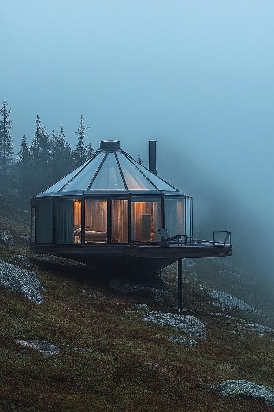 futuristic glass and metal yurt house in misty Nordic mountains