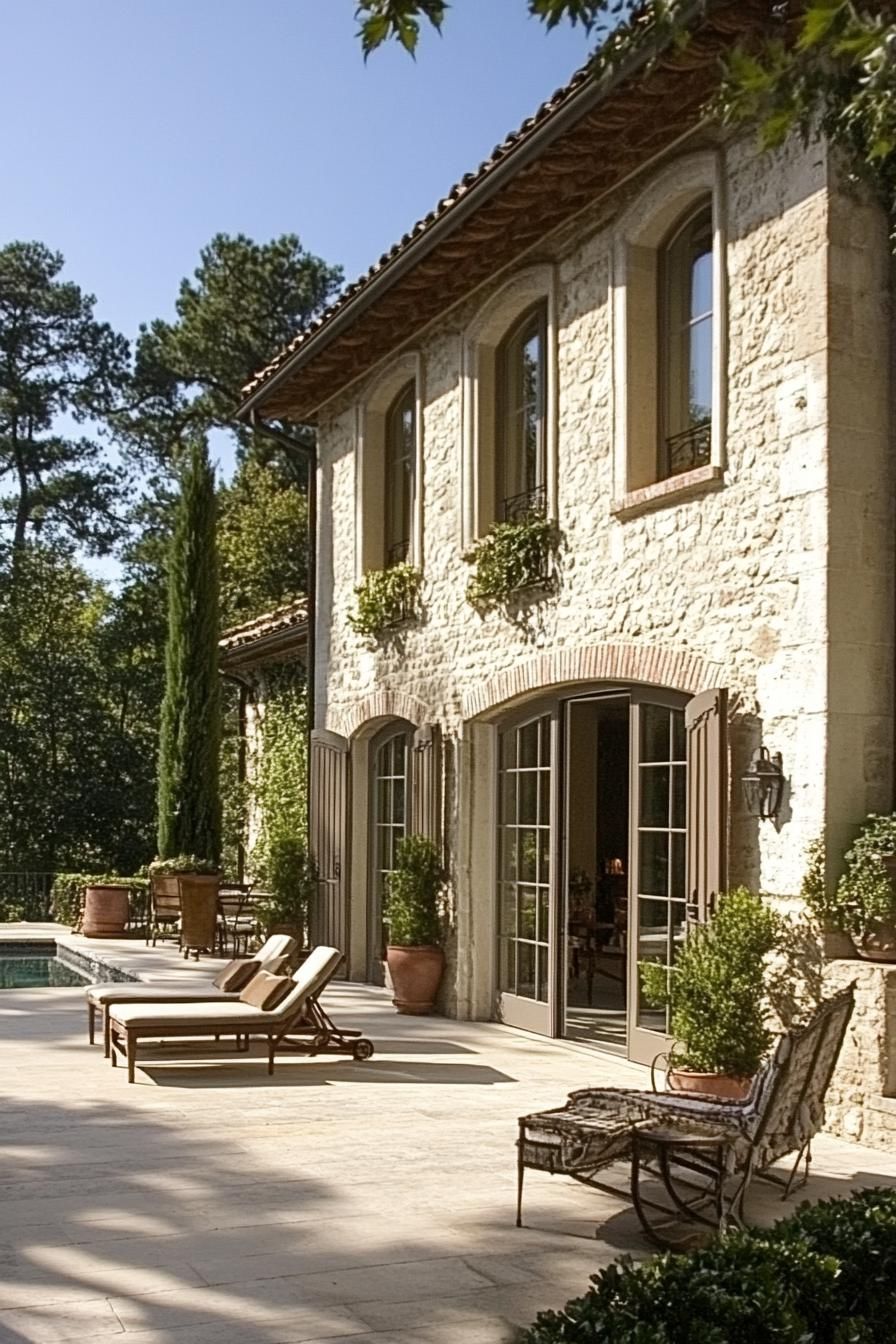 modern French country house terrace with French doors 3
