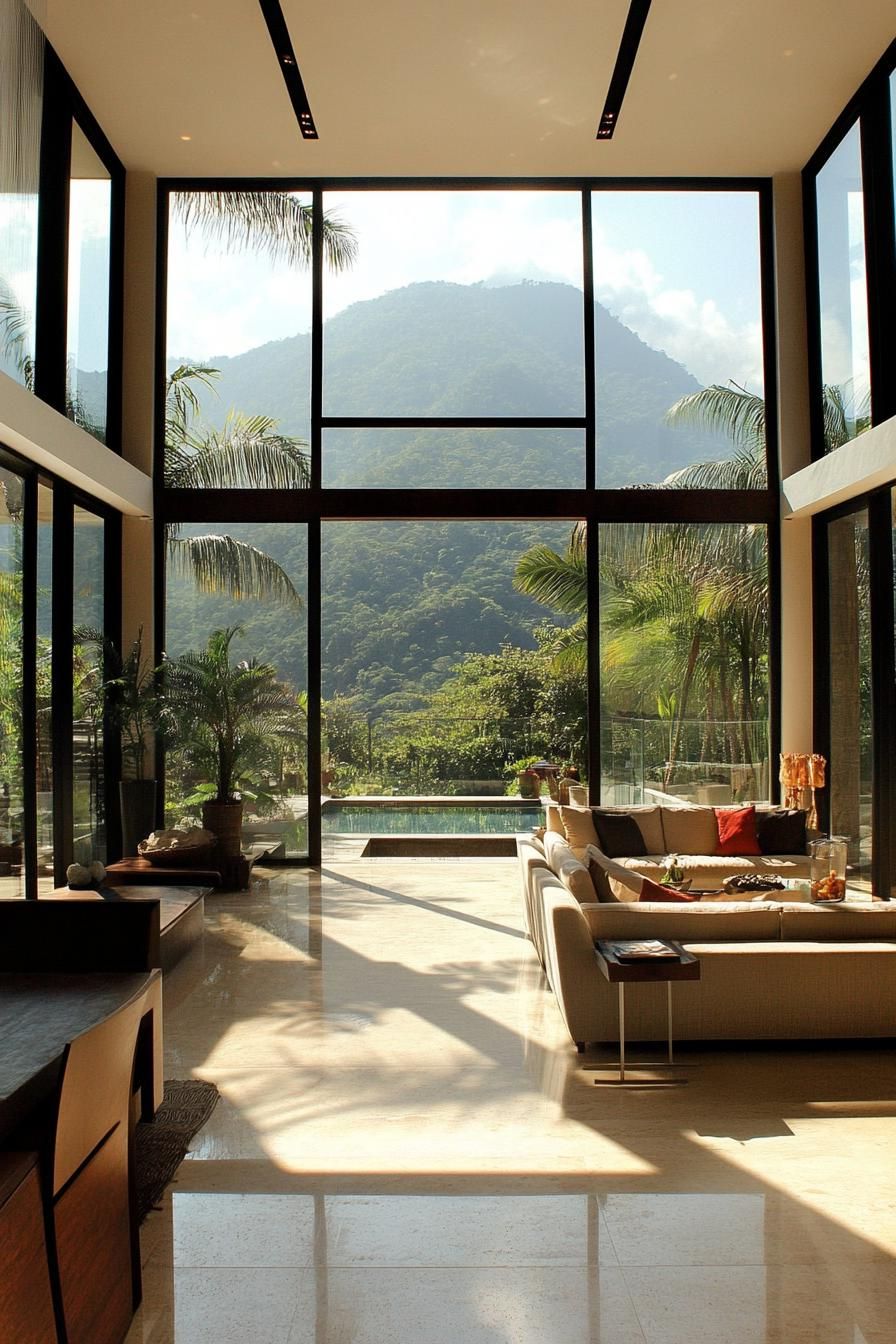 highly modern villa interior with full wall windows and tropical mountain views