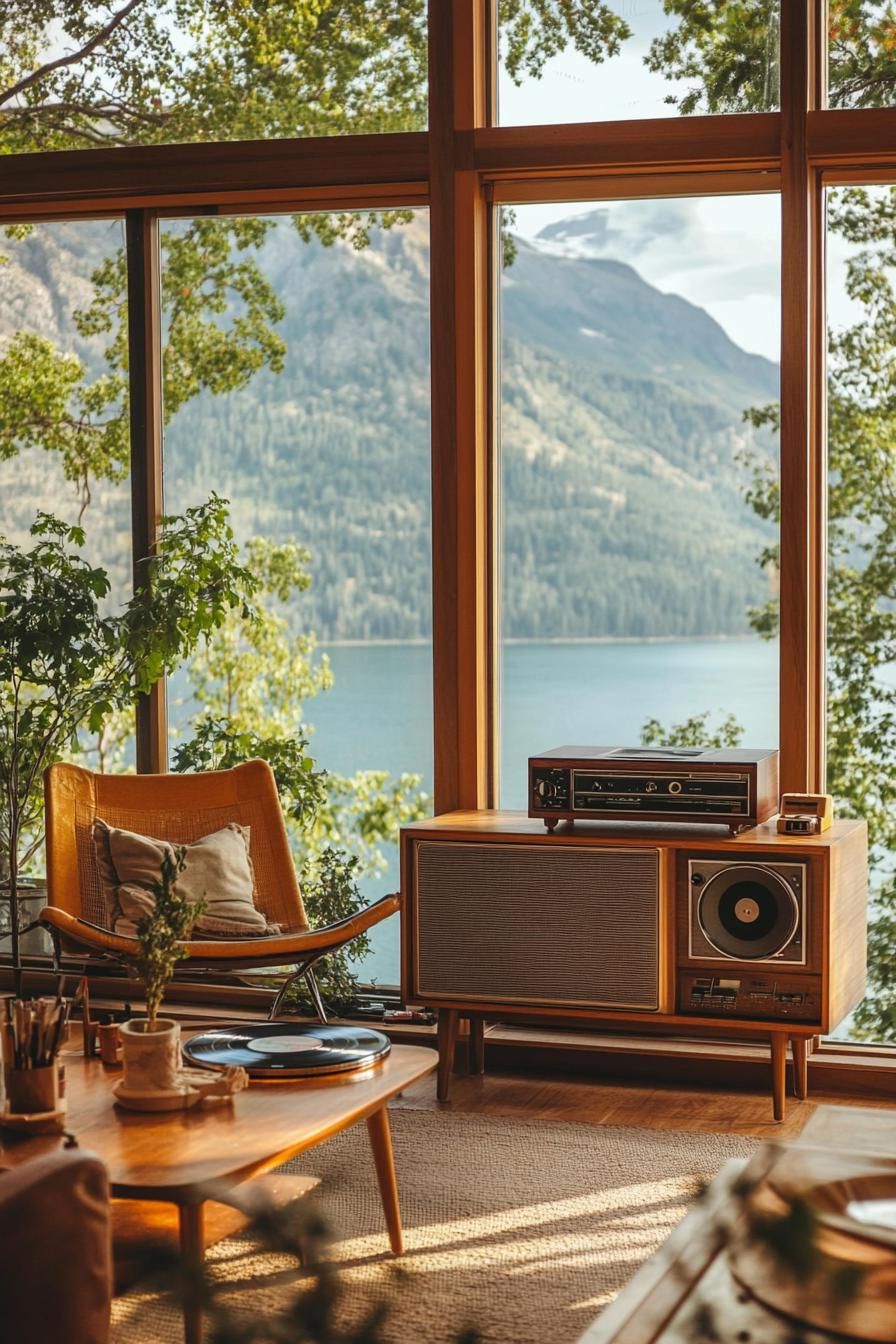 mid century modern house interior with vintage radio and record player displayed and large windows overlooking a stunning mountain lake