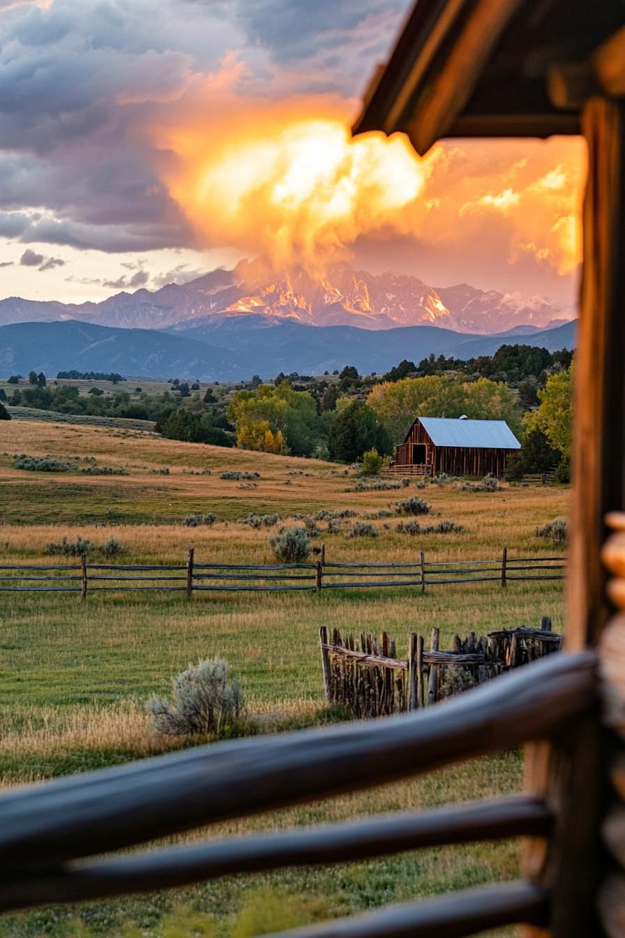 view from rustic ranch house porch fields visible small barn building dramatic mountains in sunset clouds in backdrop 2