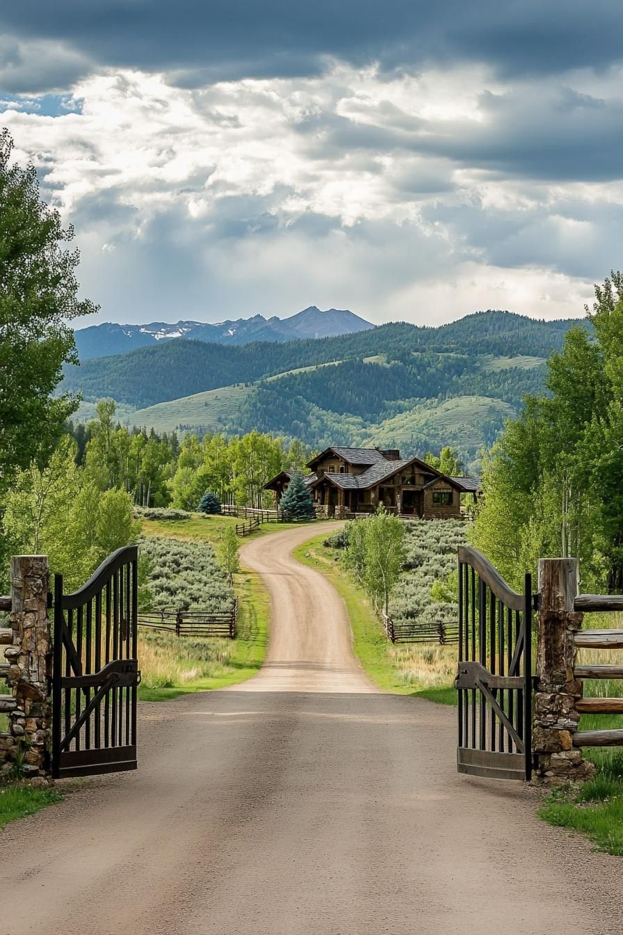 traditional ranch entrance direway mountain road large gate 3