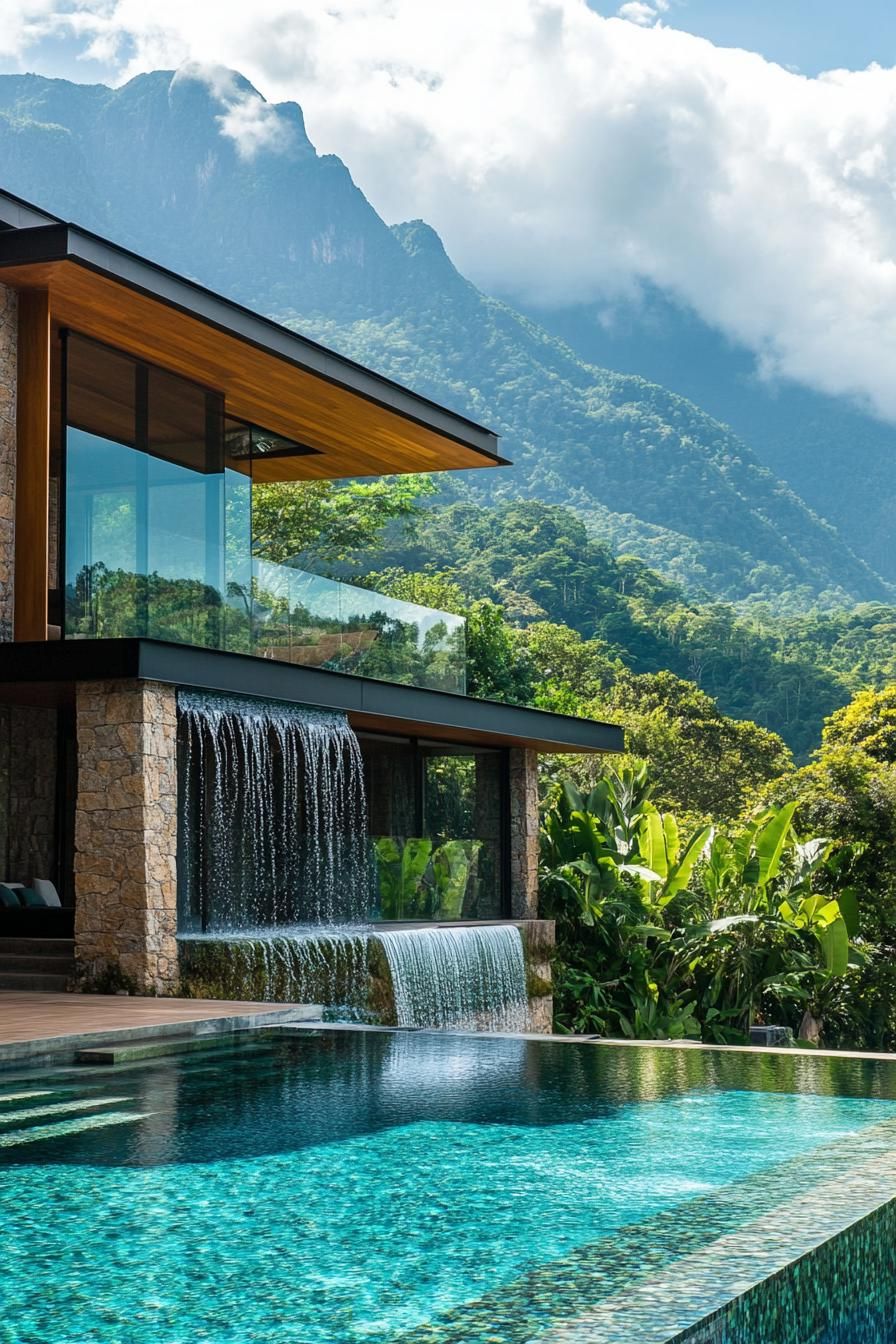 modern house with cascading pool with waterfall tropical mountain range in the background 2