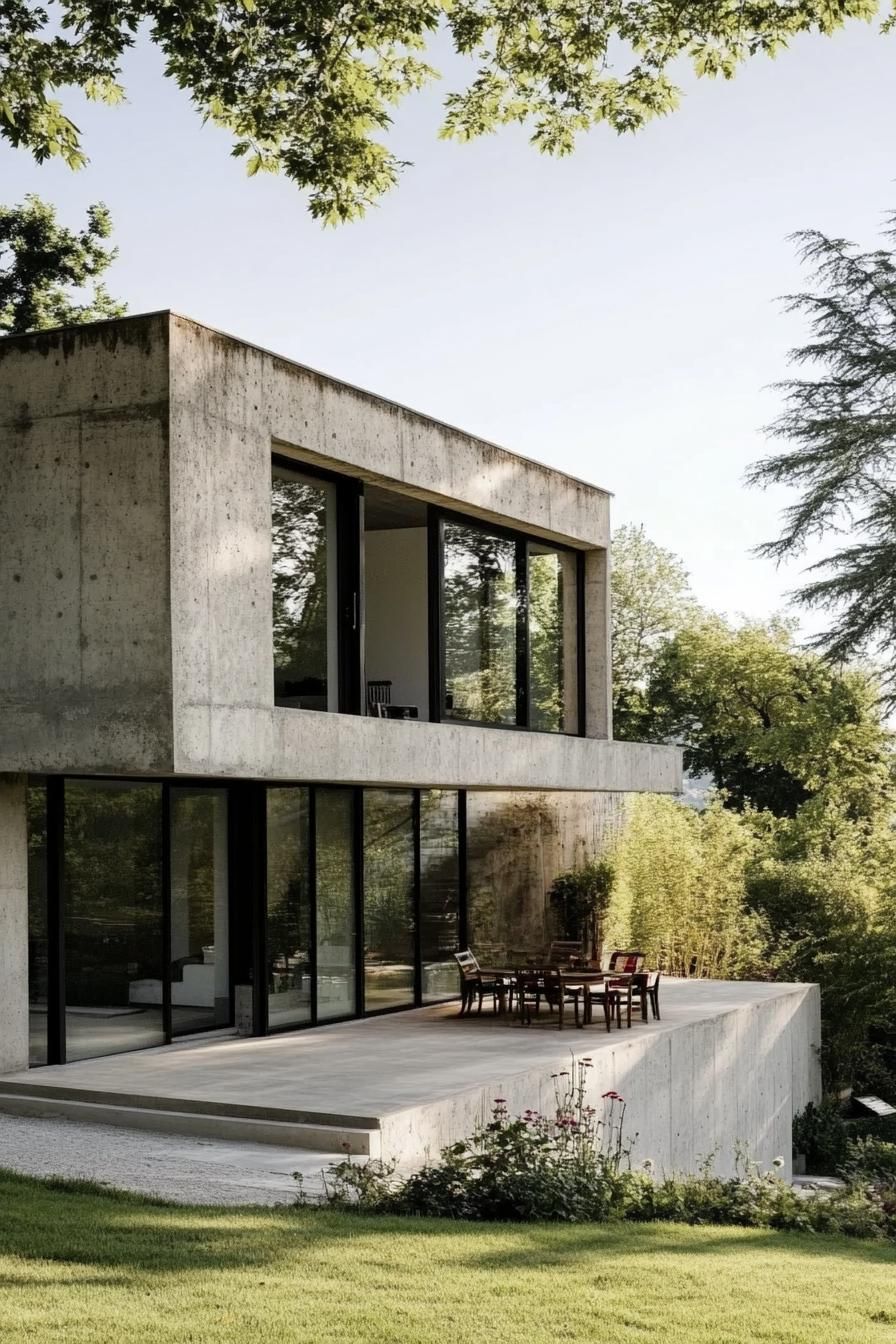 modern French house sleek concrete facade with large glass windows in French countryside