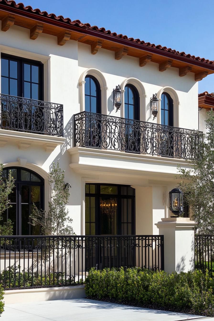 modern mediterranean revival architecture home facade with wrought iron balconies 3