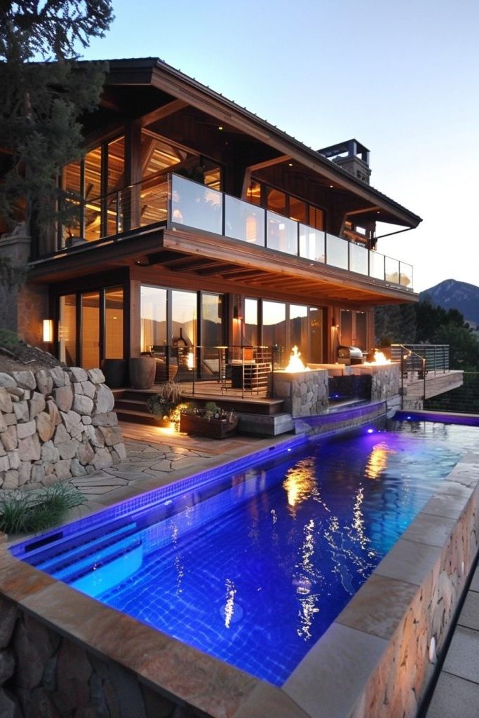 blue led pool in the mountains