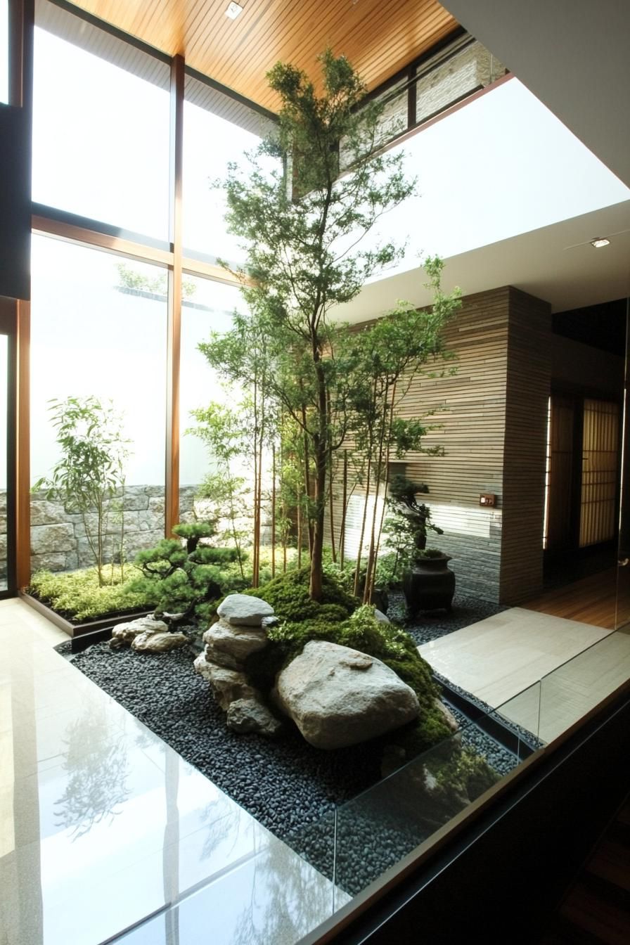 moder minimalist house courtyard with bonsai and rock garden