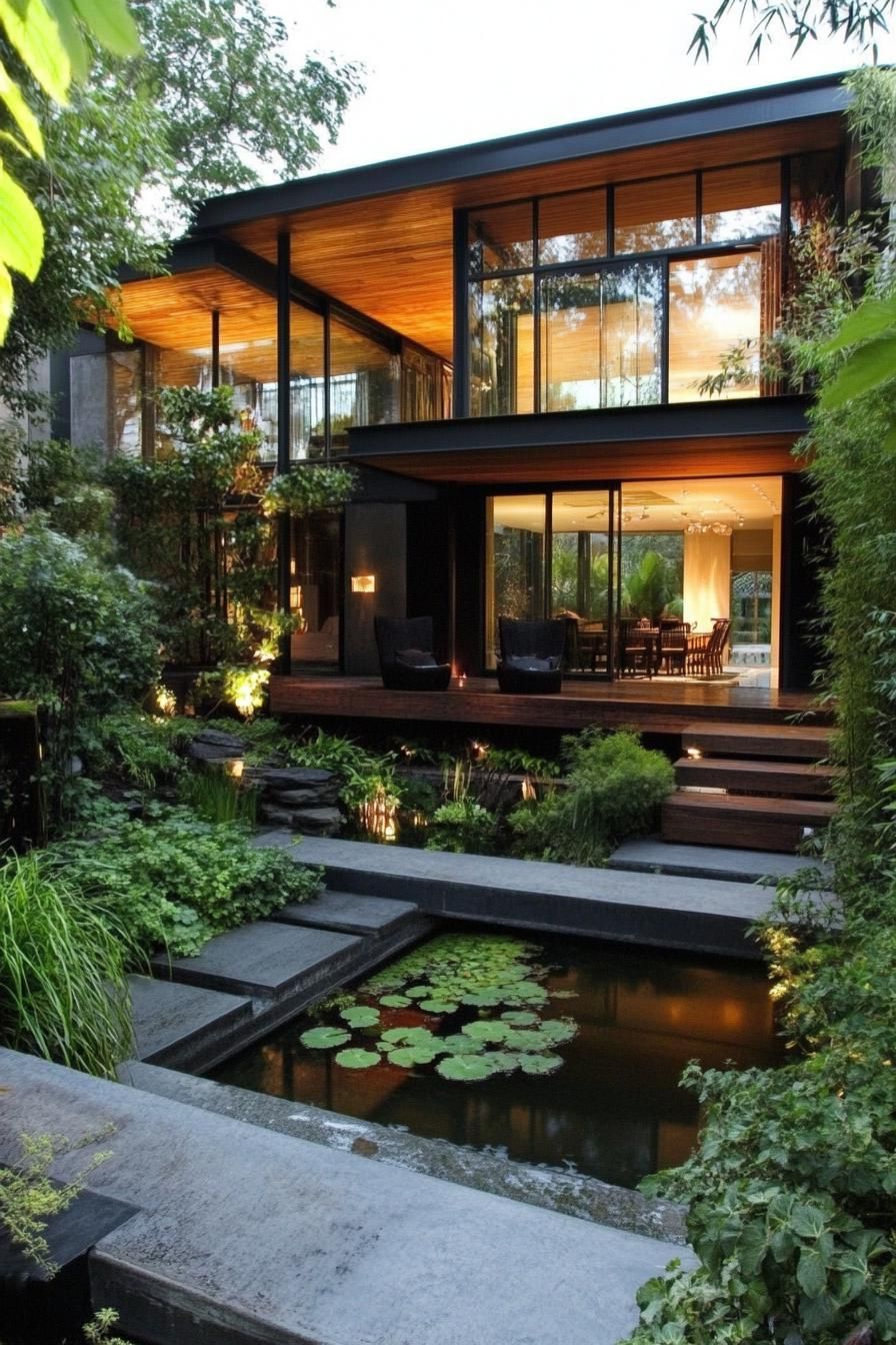 modern steal and wood facade dream house courtyard lush garden with a pond 3