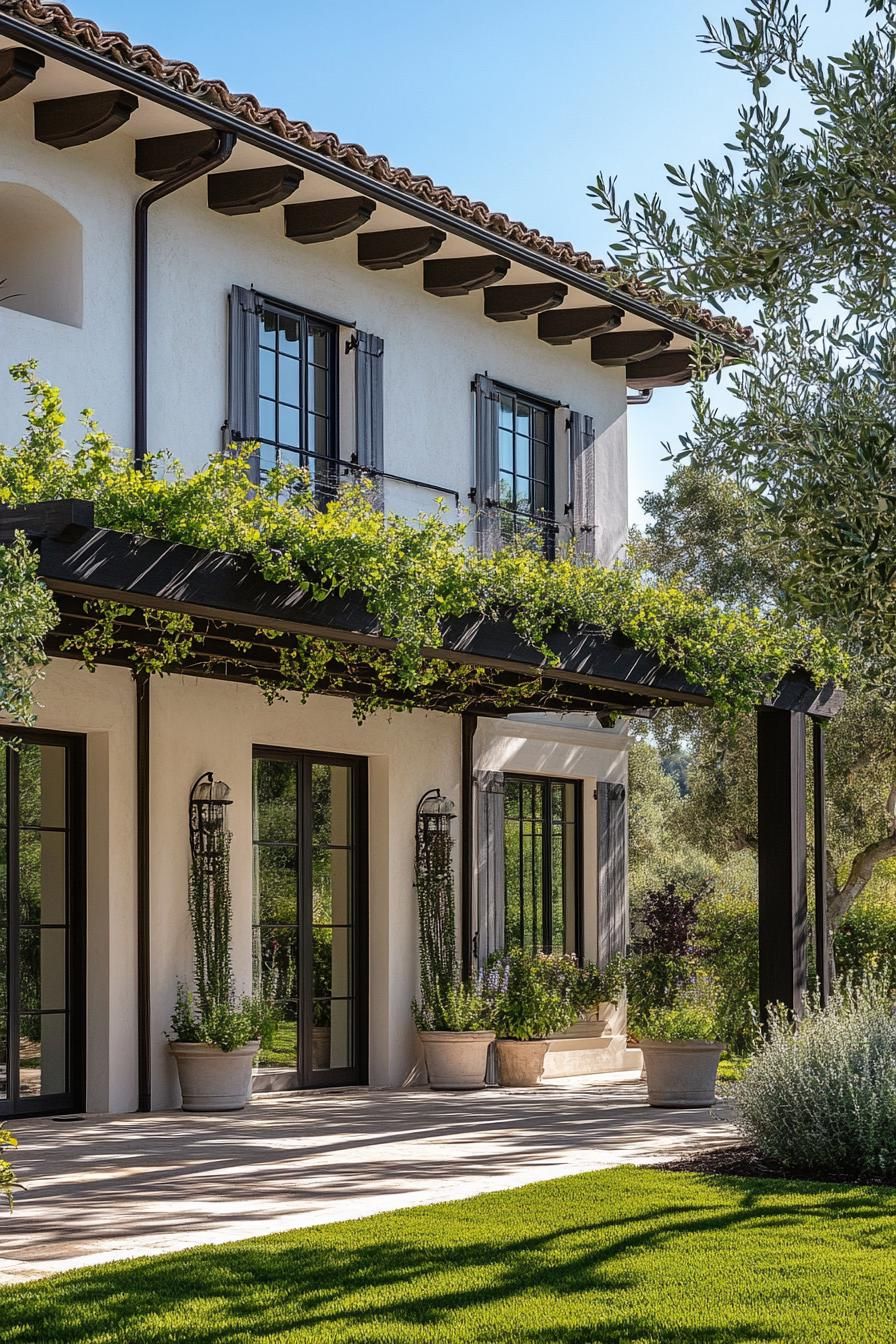 modern Italian mediterranean house facade with vine covered pergola olive tree lined front yard