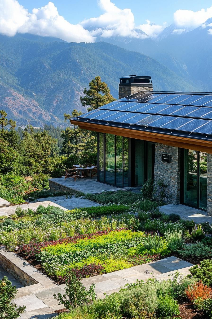 modern house green roof garden with solar panels lush mountain views