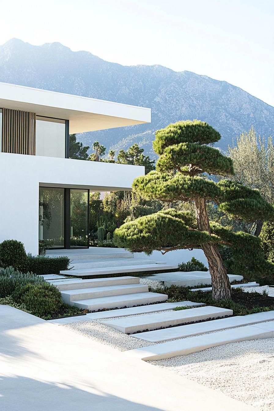 modern white concrete house facade with bamboo accents front yard with bonsai tree garden mountains in the background 3