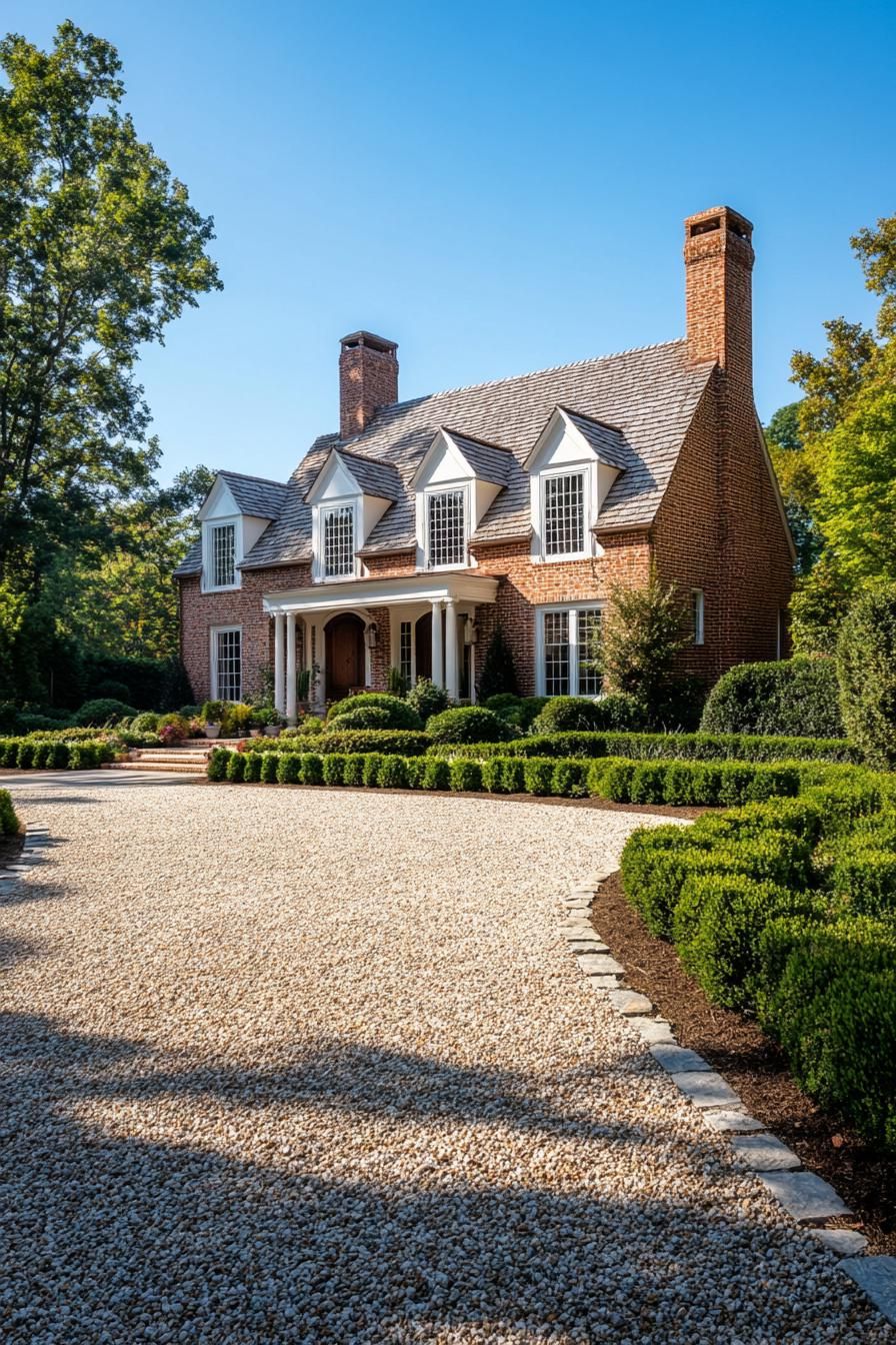 traditional natural brick house with gravel driveway and landscape with shrubs