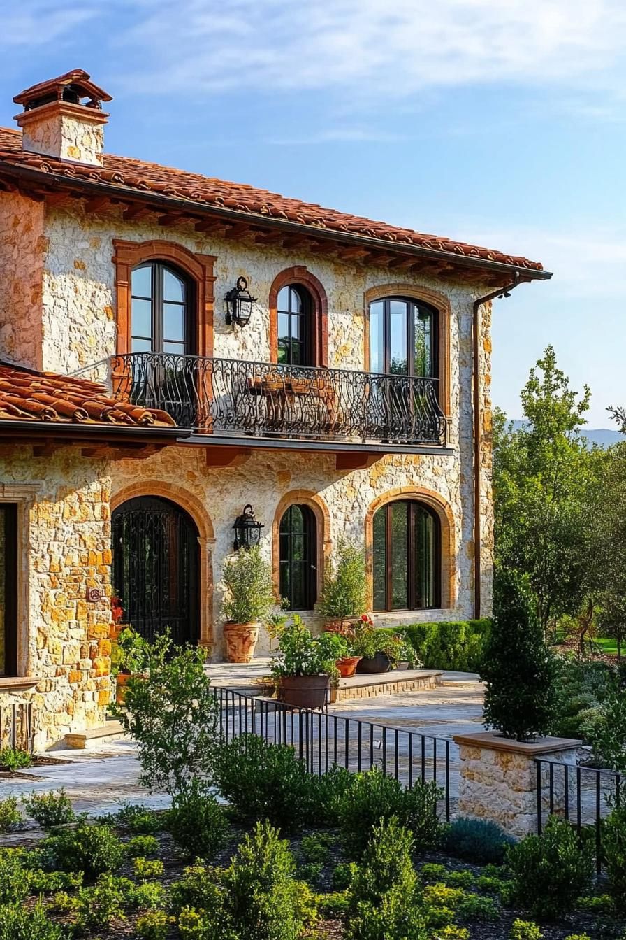 modern Tuscan mediterranean house facade with terracotta roof and wrought iron balconies stunning Tuscany landscape 2