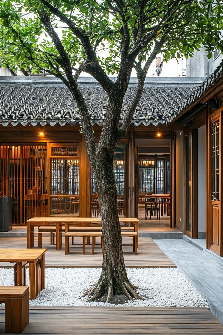 chinese inner courtyard with wooden deck bordered with concrete floor. theres a tall tree with gravel at its roots in the middle of the court wooden 3