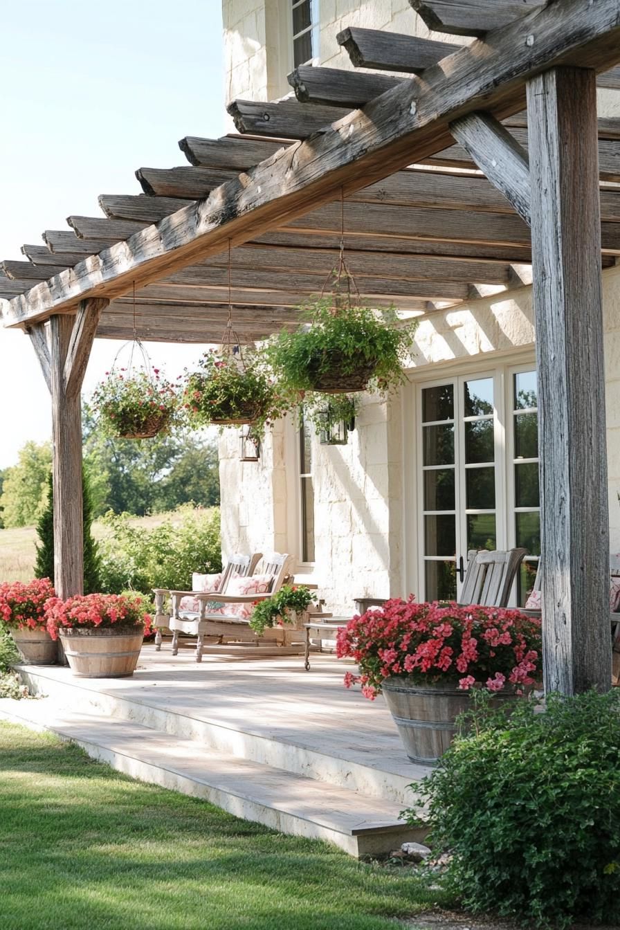 modern French country house front porch pergola with weathered wood and hanging flower planters