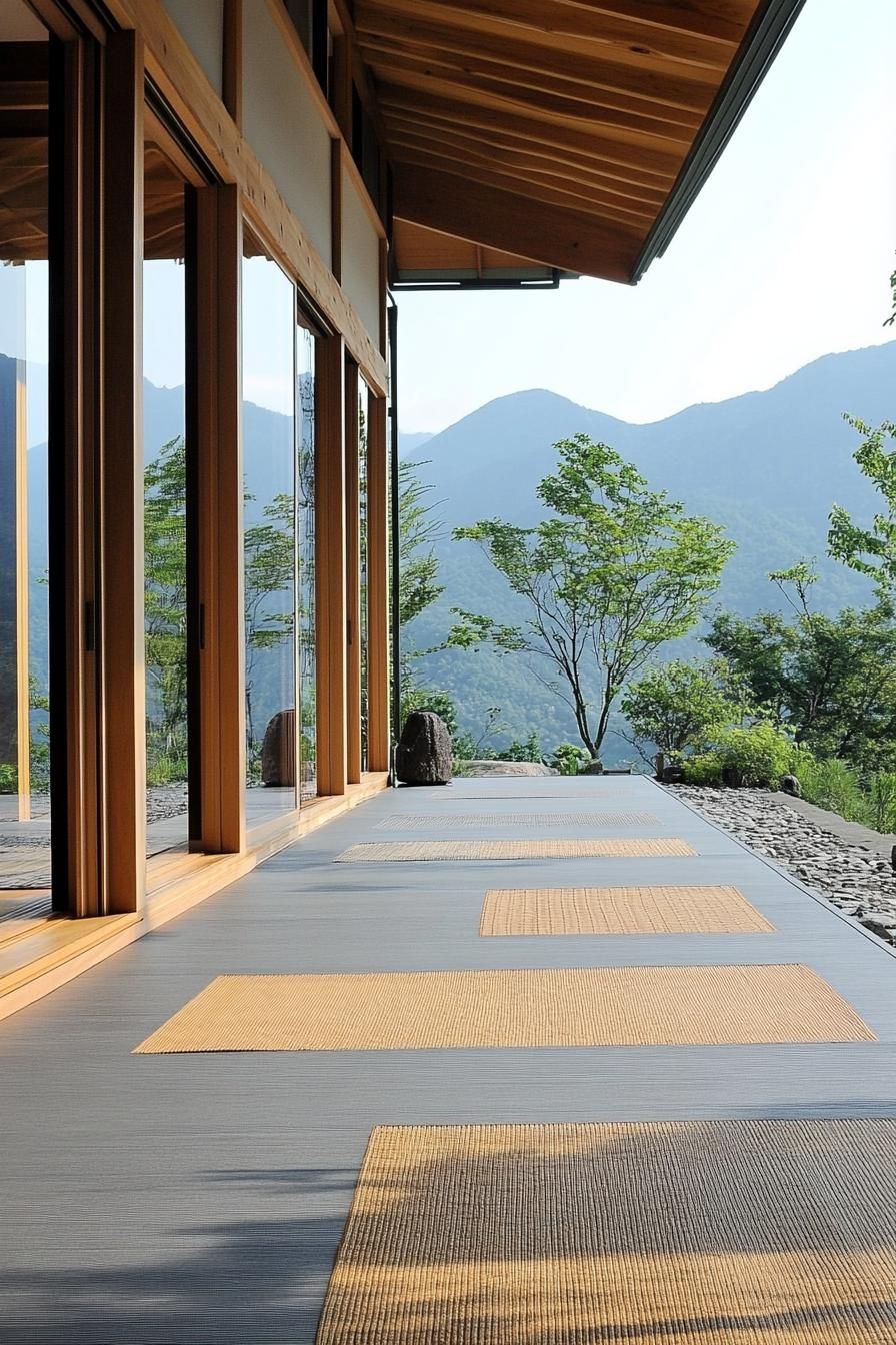 modern zen style home porch with tatami mats and mountain views 2