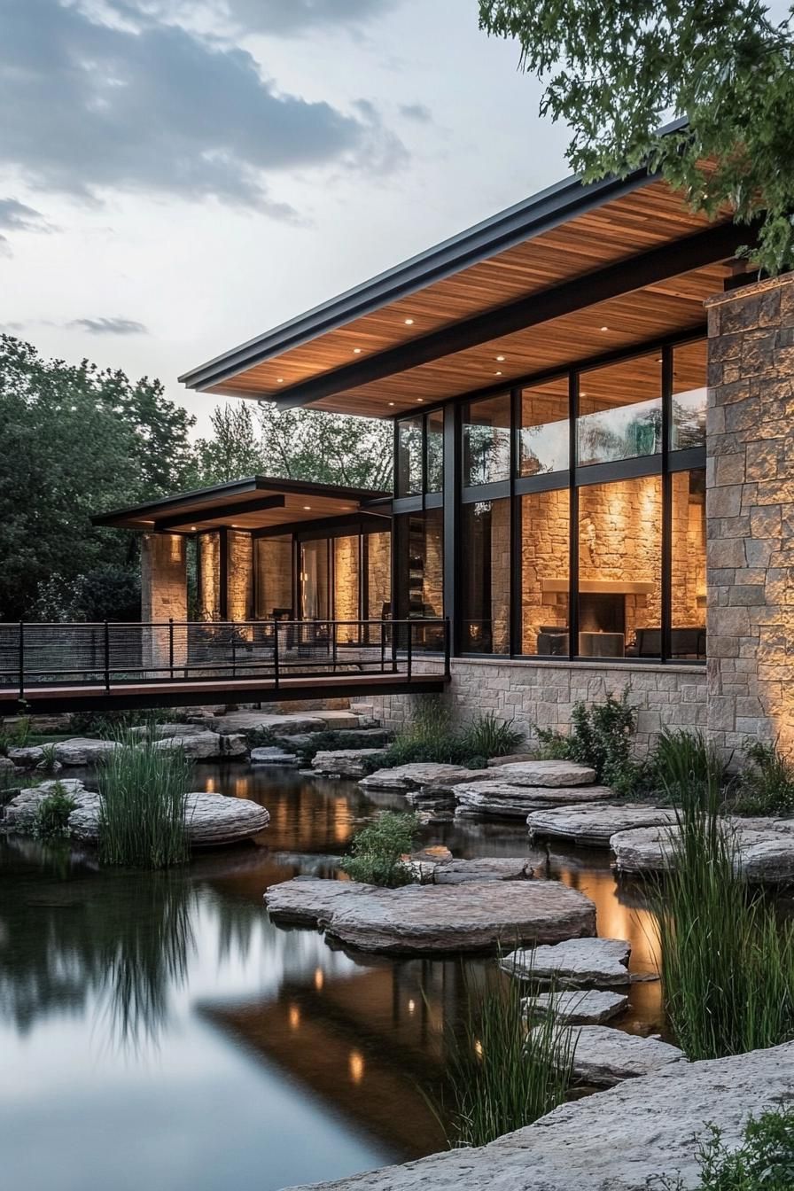 modern ranch house with rustic siding with bridge style atrium over a pond