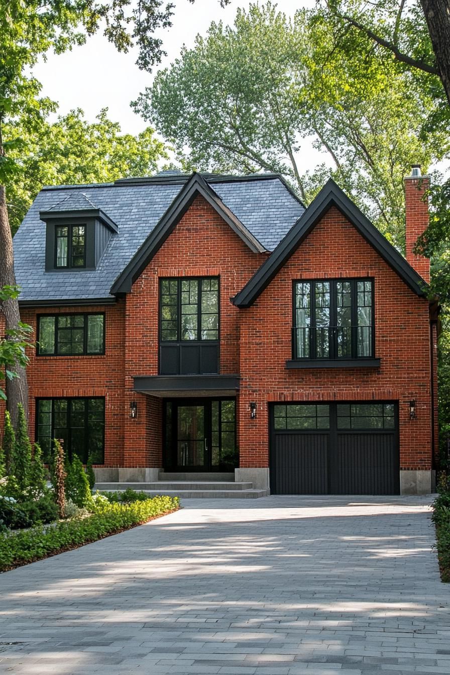 red brick house with modern multi pitched roof attached garage 2