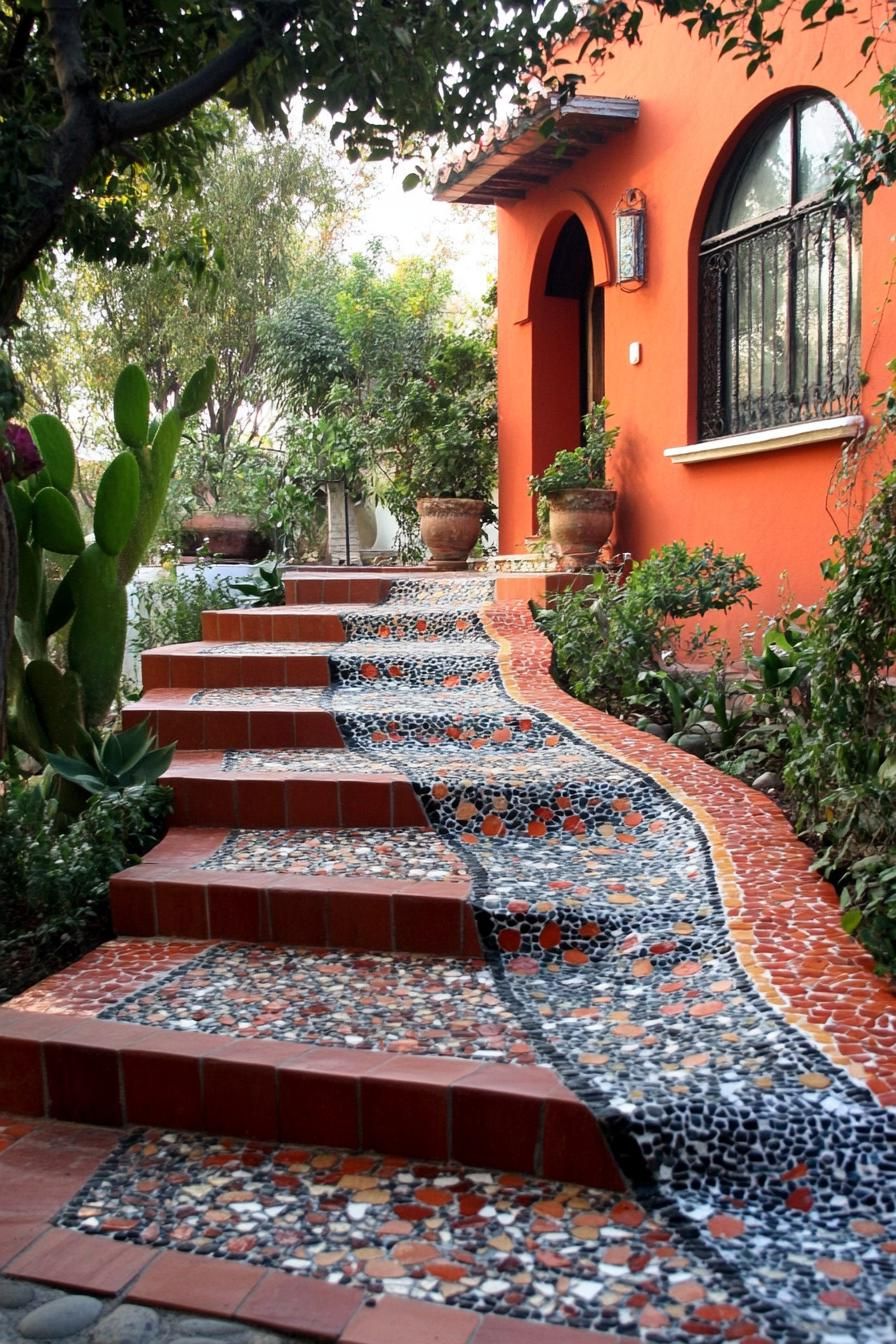 modern terrace house front yard mosaic path mediterranean 3
