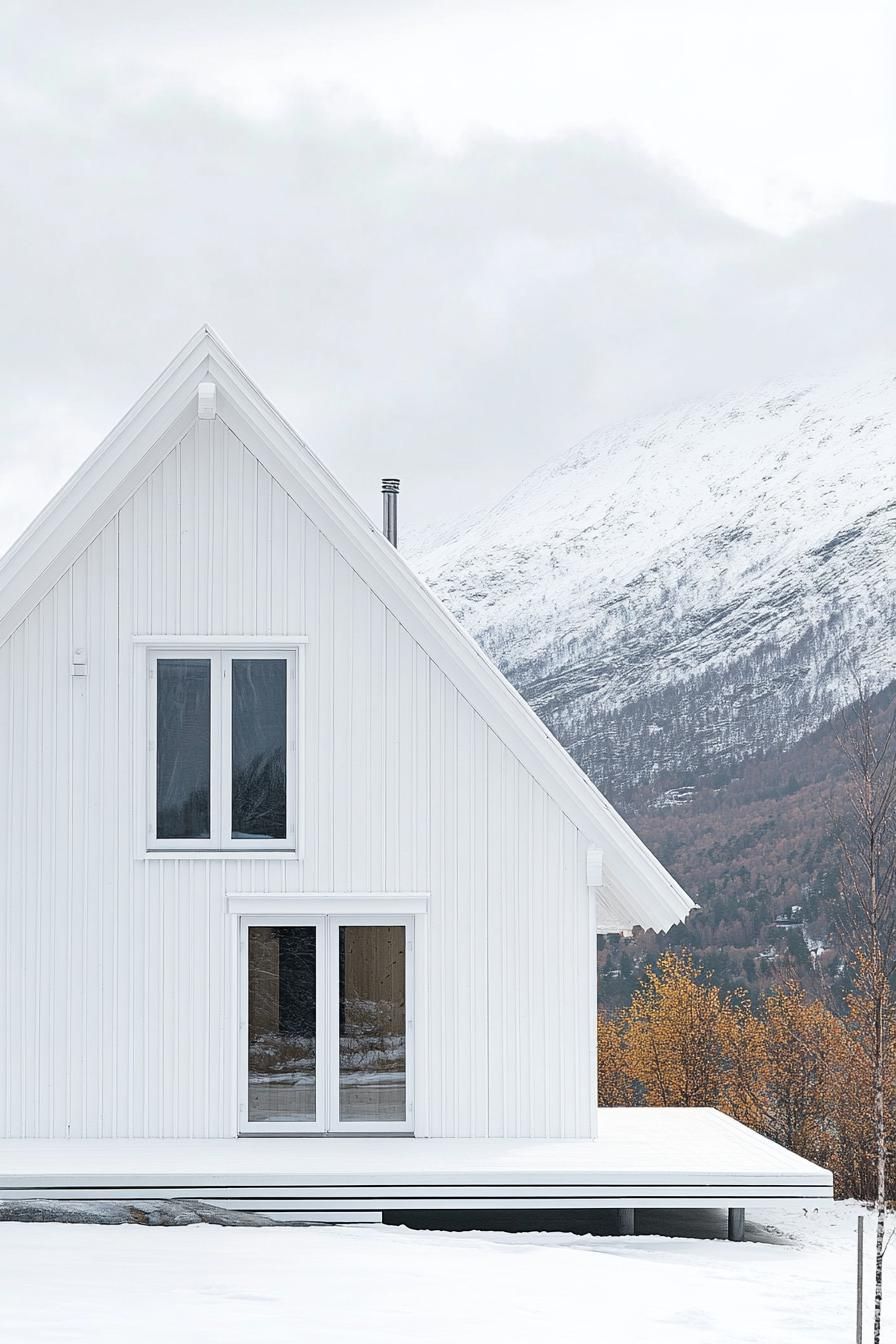 all white a frame mountain house with white siding and white roof Scandinavian mountains in the background