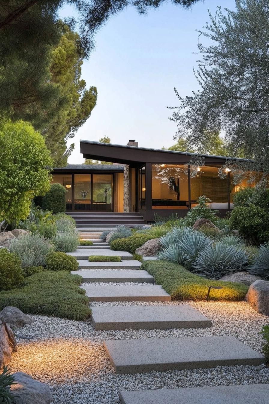 mid century modern house front yard minimalist symmetrical geometric landscaping