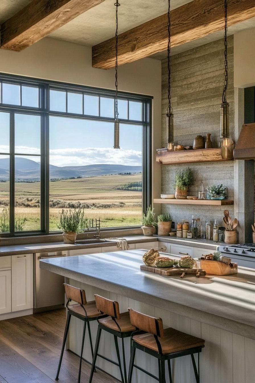 rustic ranch house interior open plan kitchen with large window modern elements stunning view of ranch fields outside 1