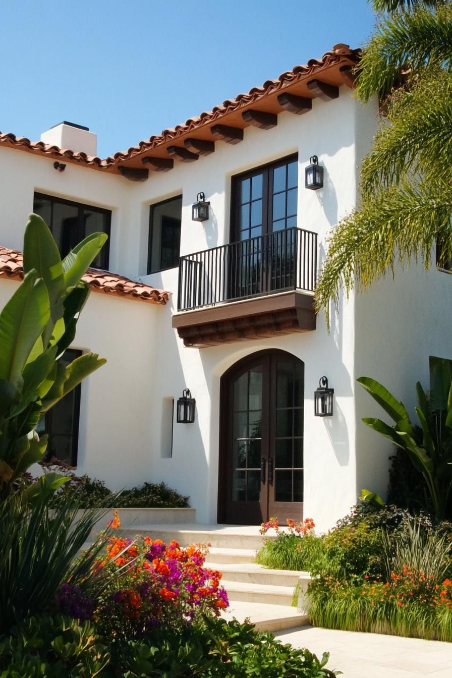 small modern mediterranean house stucco facade beachfront garden