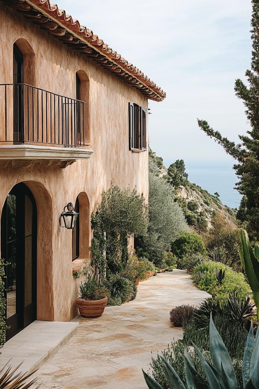 modern Italian mediterranean house facade with earthy tone stucco Italian coast views 3