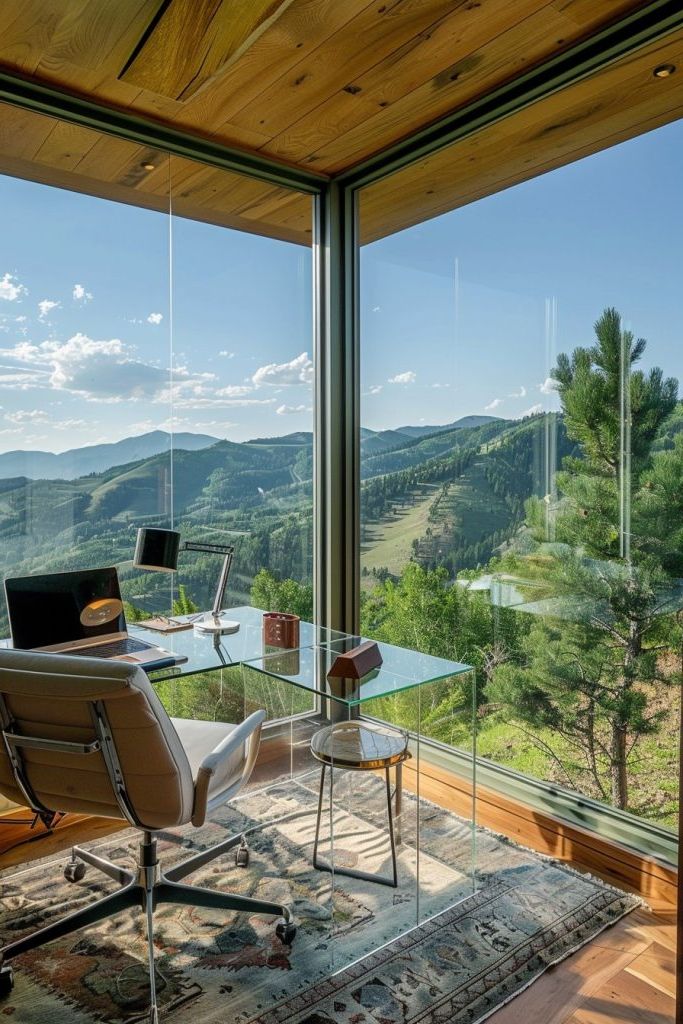 home office full wall windows mountain views
