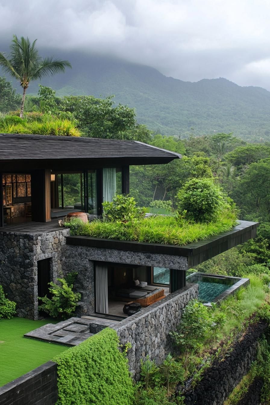 modern stone and timber house with roof garden in tropical Bali mountain landscape 3