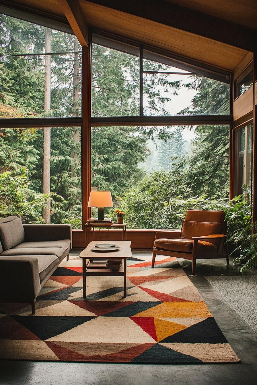mid century modern house interior with geometric rugs and large windows overlooking a stunning forest 2