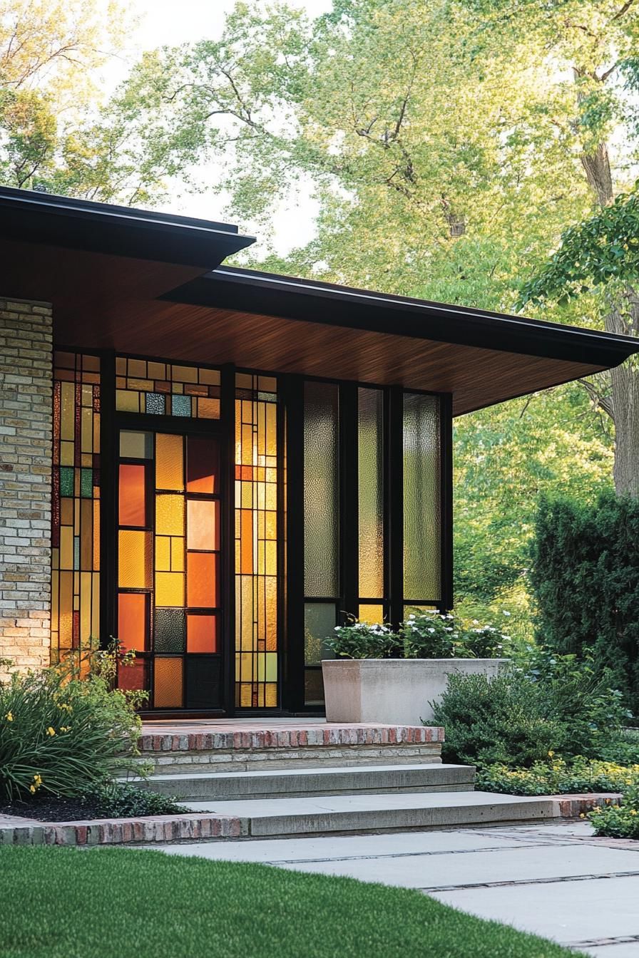 mid century modern and antique style house facade with vintage stained glass mosaics 3