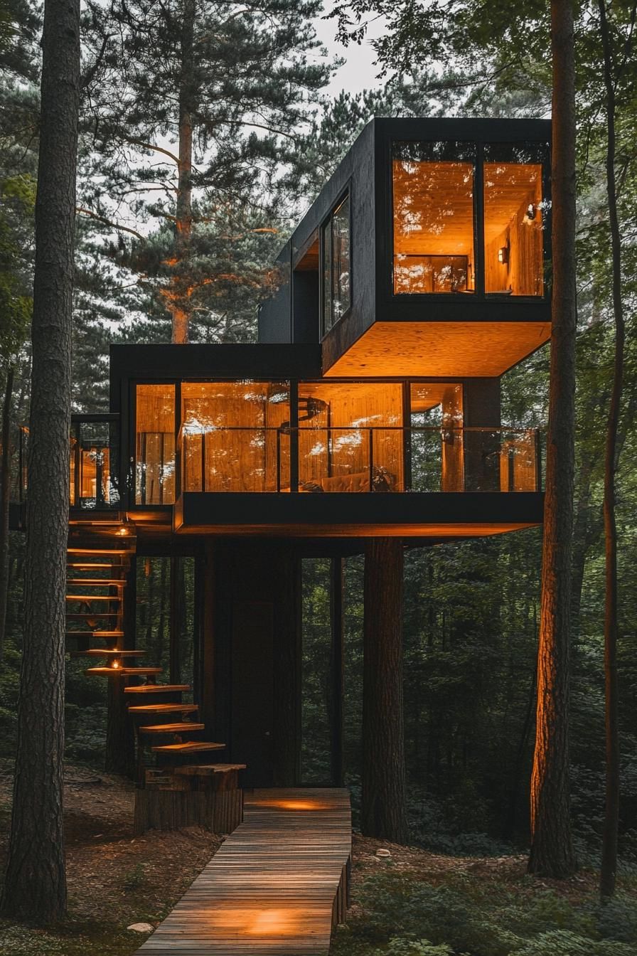 modern forest treehouse nestled high between pine trees 3