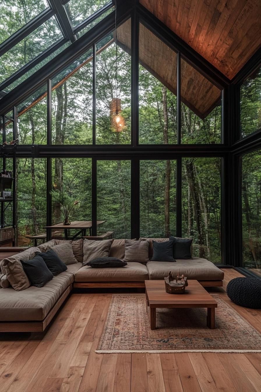 modern a frame forest cabin interior with glass walls and glass ceiling hardwood floor bulky sectional sofa floor cushions statement coffee table